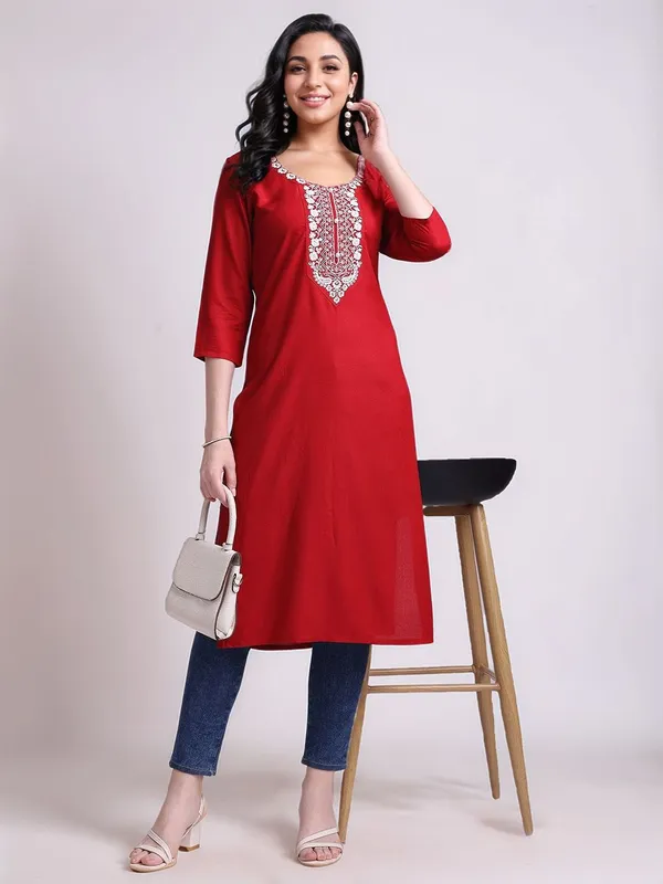 Red_Colour_Embroidered_Viscose_Rayon_Straight_Kurta_For_Women