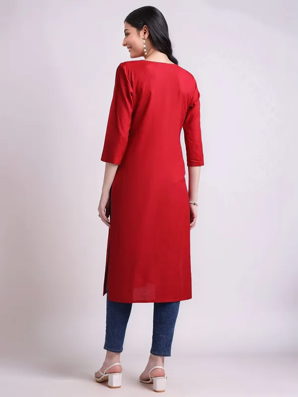 Red_Colour_Embroidered_Viscose_Rayon_Straight_Kurta_For_Women