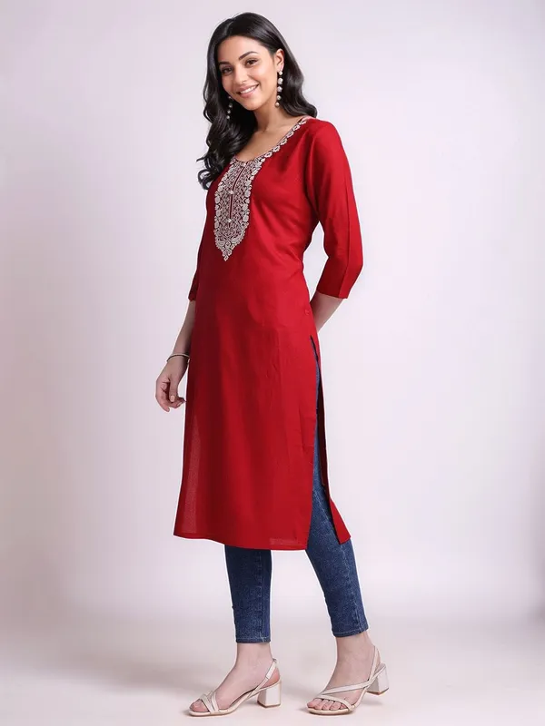 Red_Colour_Embroidered_Viscose_Rayon_Straight_Kurta_For_Women