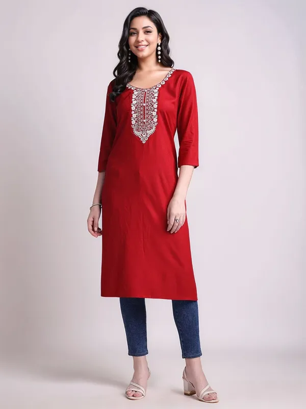 Red_Colour_Embroidered_Viscose_Rayon_Straight_Kurta_For_Women