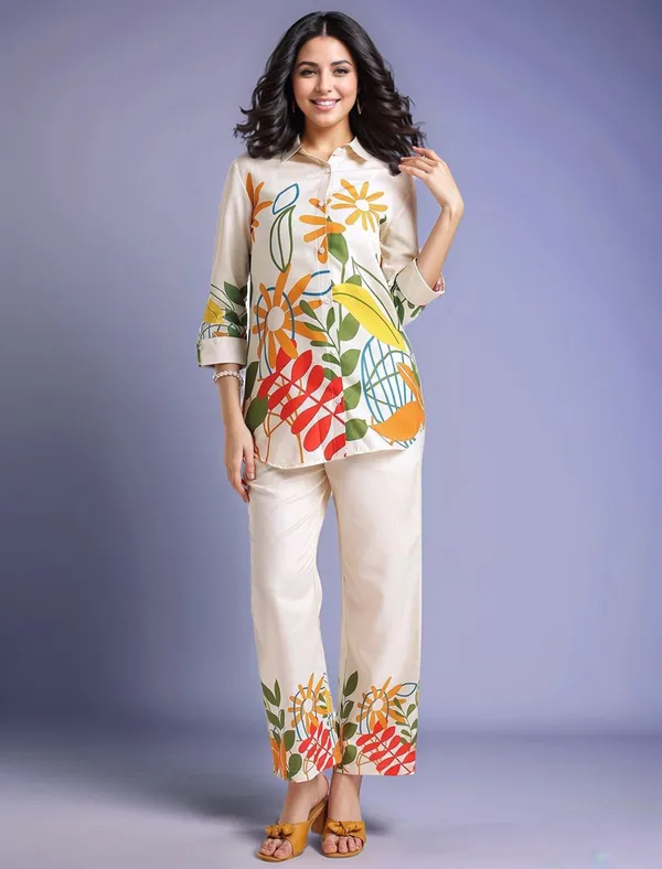 Cream_Floral_Printed_Cotton_Blend_Shirt_With_Printed_Cotton_Blend_Trouser_For_Women