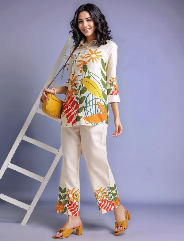 Cream_Floral_Printed_Cotton_Blend_Shirt_With_Printed_Cotton_Blend_Trouser_For_Women