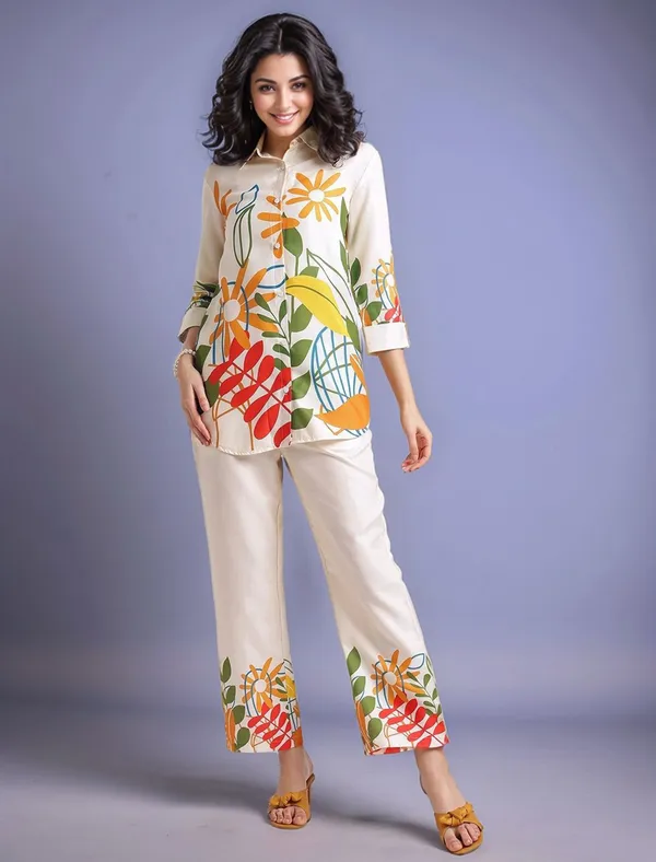 Cream_Floral_Printed_Cotton_Blend_Shirt_With_Printed_Cotton_Blend_Trouser_For_Women