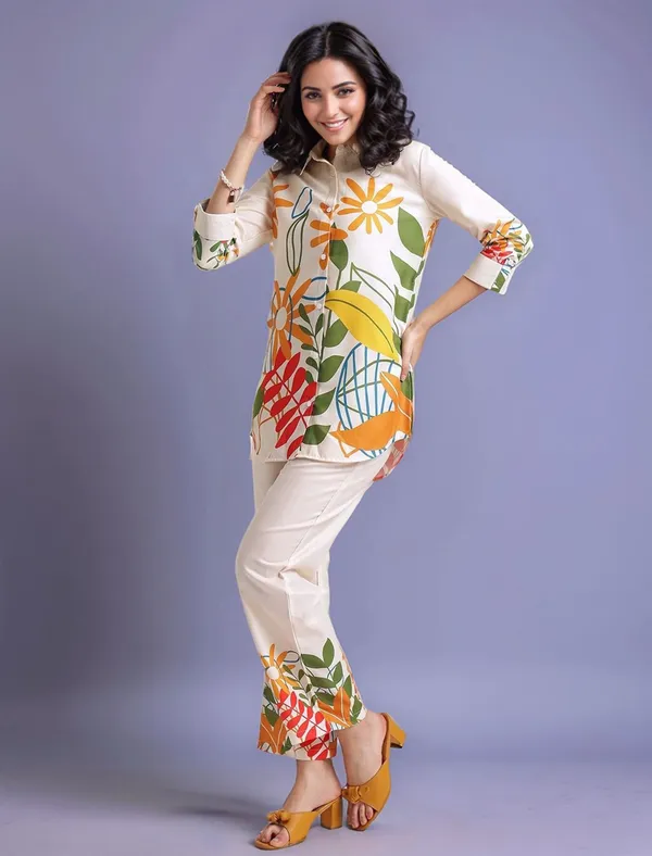 Cream_Floral_Printed_Cotton_Blend_Shirt_With_Printed_Cotton_Blend_Trouser_For_Women