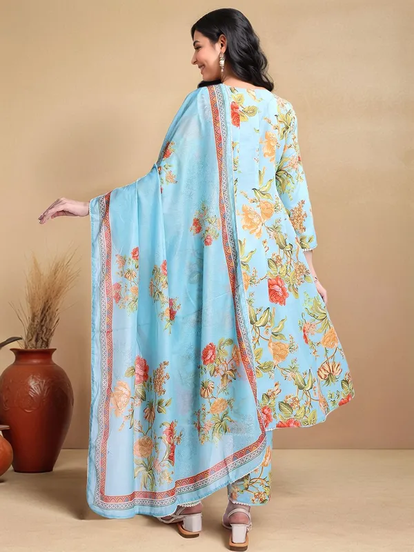 Light_Blue_Floral_Printed_Pure_Cotton_Anarkali_Kurta_With_Printed_Pure_Cotton_Trouser_And_Printed_Dupatta_For_Women