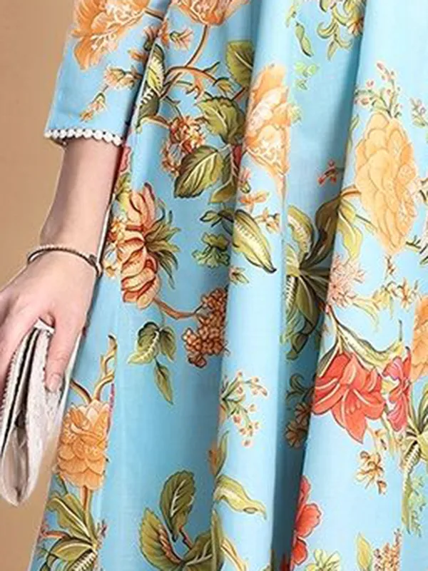 Light_Blue_Floral_Printed_Pure_Cotton_Anarkali_Kurta_With_Printed_Pure_Cotton_Trouser_And_Printed_Dupatta_For_Women