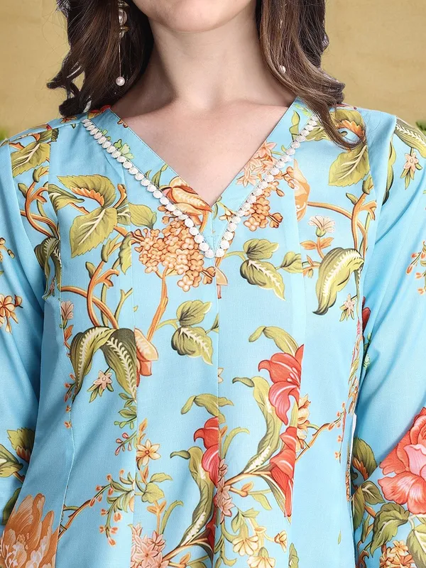 Light_Blue_Floral_Printed_Pure_Cotton_Anarkali_Kurta_With_Printed_Pure_Cotton_Trouser_And_Printed_Dupatta_For_Women