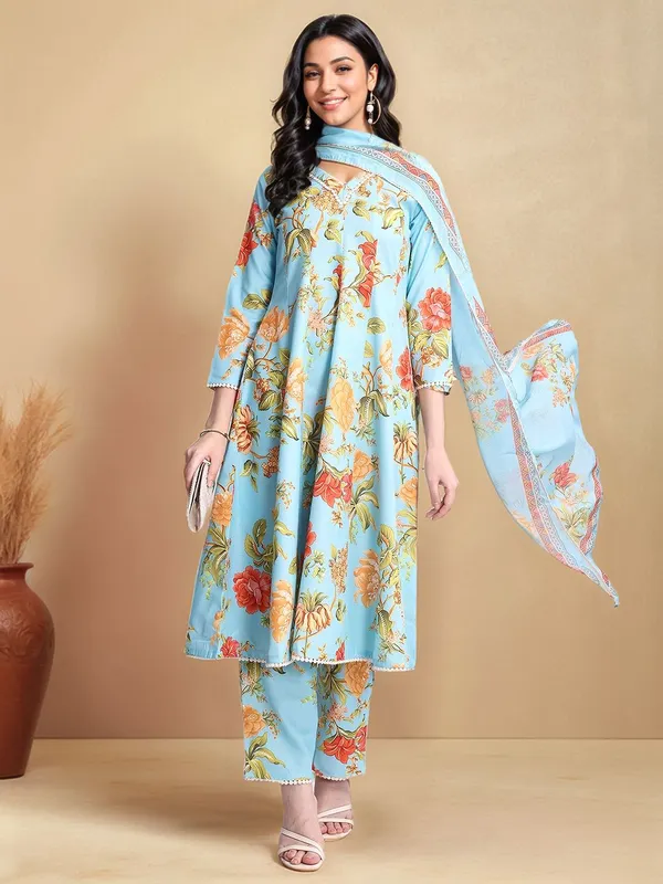 Light_Blue_Floral_Printed_Pure_Cotton_Anarkali_Kurta_With_Printed_Pure_Cotton_Trouser_And_Printed_Dupatta_For_Women