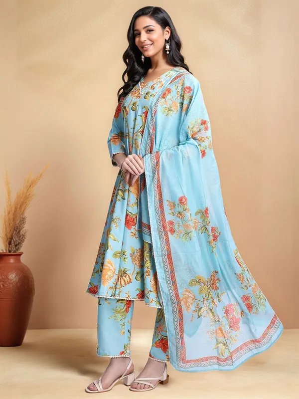 Light_Blue_Floral_Printed_Pure_Cotton_Anarkali_Kurta_With_Printed_Pure_Cotton_Trouser_And_Printed_Dupatta_For_Women