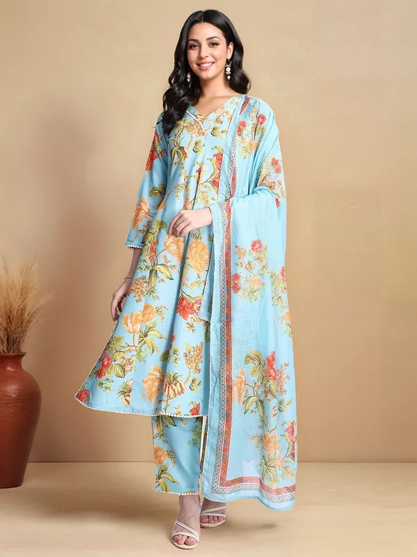 Light_Blue_Floral_Printed_Pure_Cotton_Anarkali_Kurta_With_Printed_Pure_Cotton_Trouser_And_Printed_Dupatta_For_Women