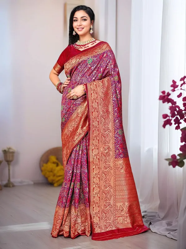 Pink_&_Red_Woven_Dharmavaram_Art_Silk_Saree_For_Women