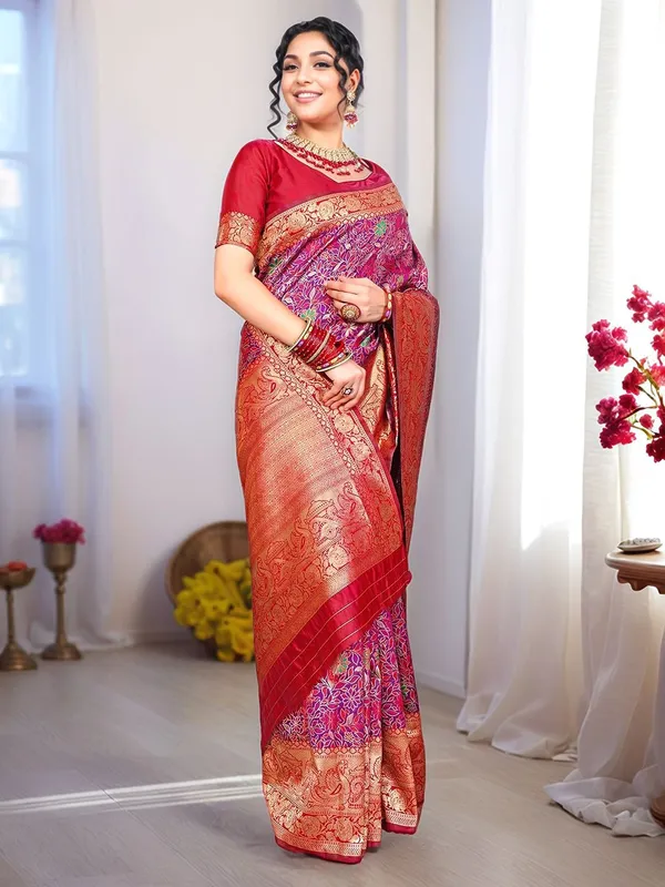 Pink_&_Red_Woven_Dharmavaram_Art_Silk_Saree_For_Women