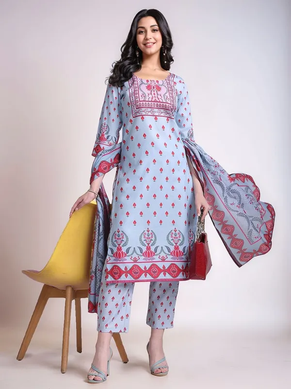 Light_Blue_Ethnic_Motifs_Printed_Cotton_Blend_Straight_Kurta_With_Printed_Cotton_Blend_Trouser_And_Printed_Dupatta_For_Women