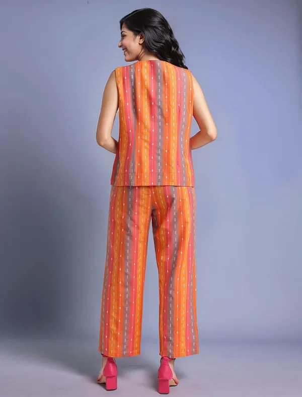 Multicolour_Striped_Woven_Cotton_Blend_Waistcoat_With_Woven_Cotton_Blend_Trouser_For_Women
