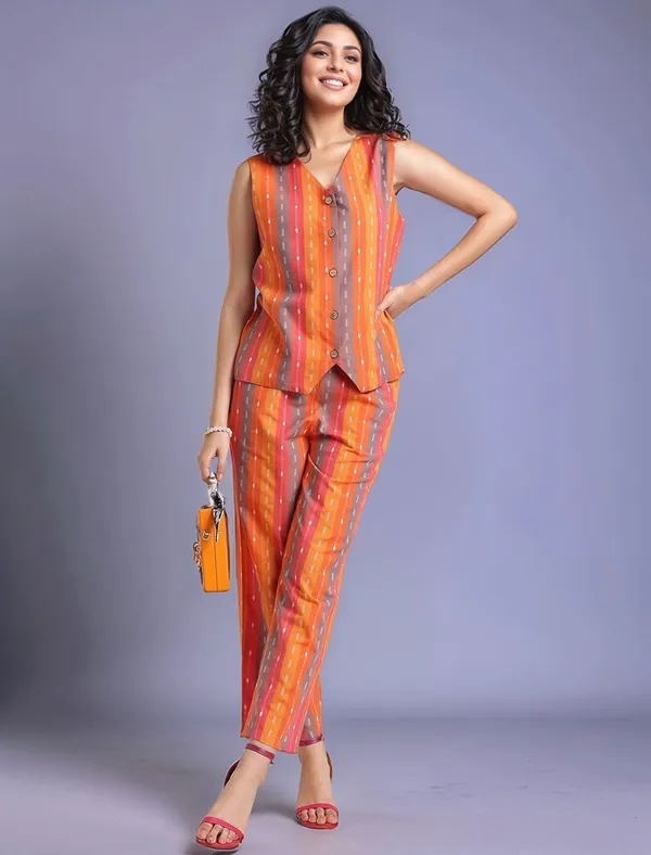 Multicolour_Striped_Woven_Cotton_Blend_Waistcoat_With_Woven_Cotton_Blend_Trouser_For_Women