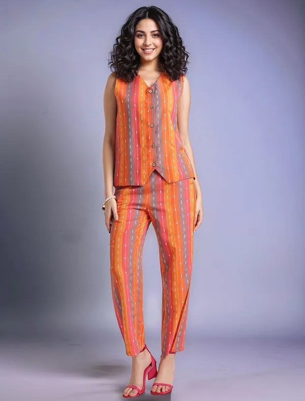 Multicolour_Striped_Woven_Cotton_Blend_Waistcoat_With_Woven_Cotton_Blend_Trouser_For_Women