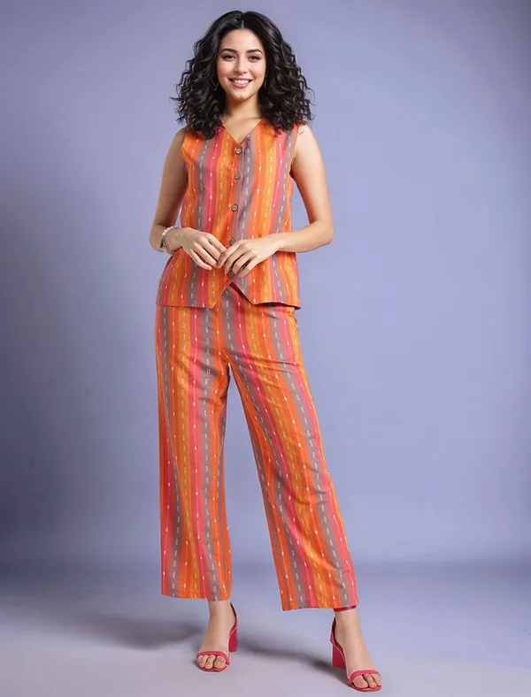 Multicolour_Striped_Woven_Cotton_Blend_Waistcoat_With_Woven_Cotton_Blend_Trouser_For_Women