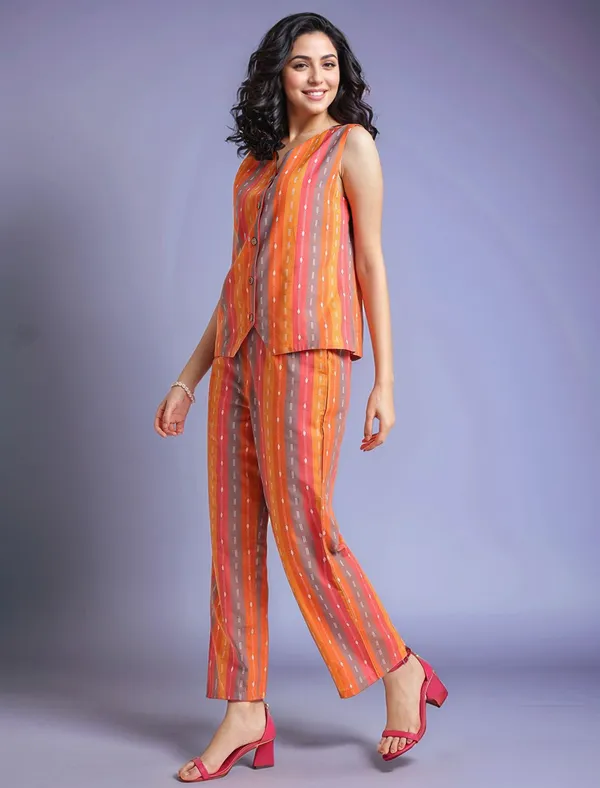 Multicolour_Striped_Woven_Cotton_Blend_Waistcoat_With_Woven_Cotton_Blend_Trouser_For_Women