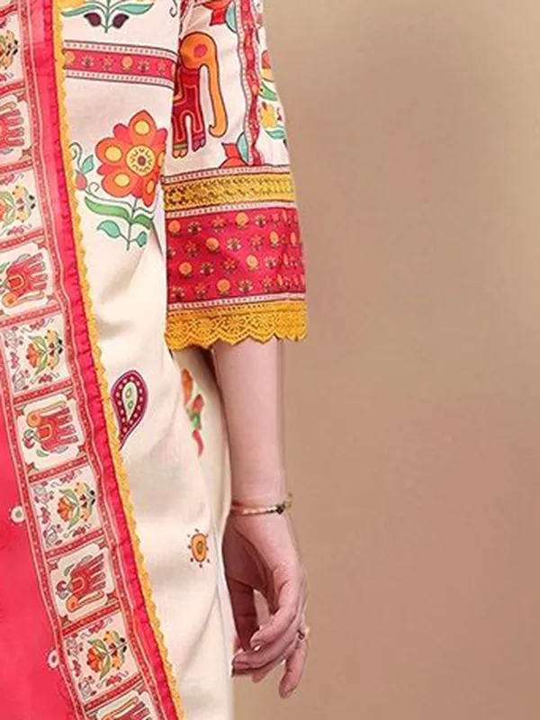 Cream_Floral_Printed_Cotton_Blend_Straight_Kurta_With_Printed_Cotton_Blend_Trouser_And_Printed_Dupatta_For_Women