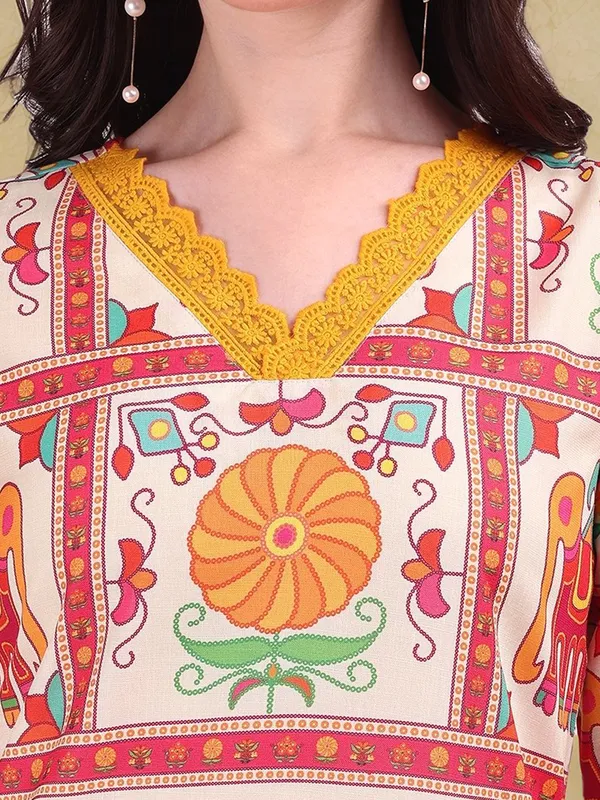 Cream_Floral_Printed_Cotton_Blend_Straight_Kurta_With_Printed_Cotton_Blend_Trouser_And_Printed_Dupatta_For_Women