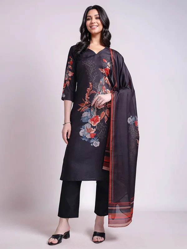 Black_Floral_Printed_Cotton_Blend_Straight_Kurta_With_Solid_Cotton_Blend_Trouser_And_Printed_Dupatta_For_Women