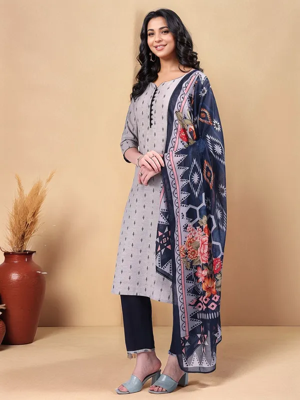 Grey_Ethnic_Motifs_Woven_Cotton_Blend_Straight_Kurta_With_Solid_Cotton_Blend_Trouser_And_Printed_Dupatta_For_Women