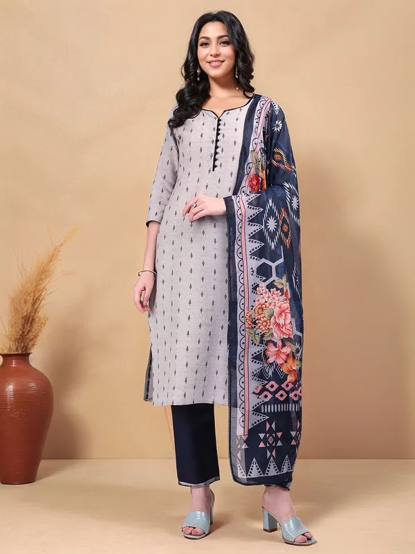 Grey_Ethnic_Motifs_Woven_Cotton_Blend_Straight_Kurta_With_Solid_Cotton_Blend_Trouser_And_Printed_Dupatta_For_Women