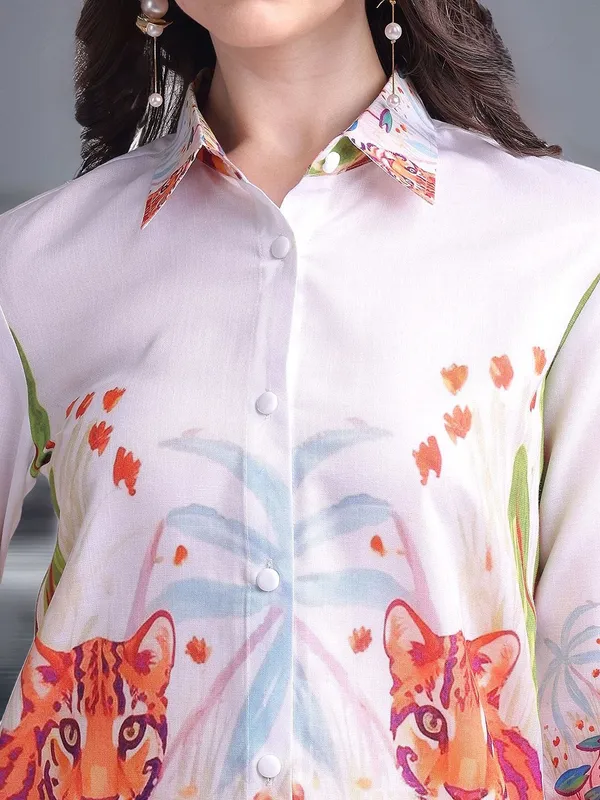 White_Animal_Printed_Cotton_Blend_Shirt_With_Printed_Cotton_Blend_Trouser_For_Women