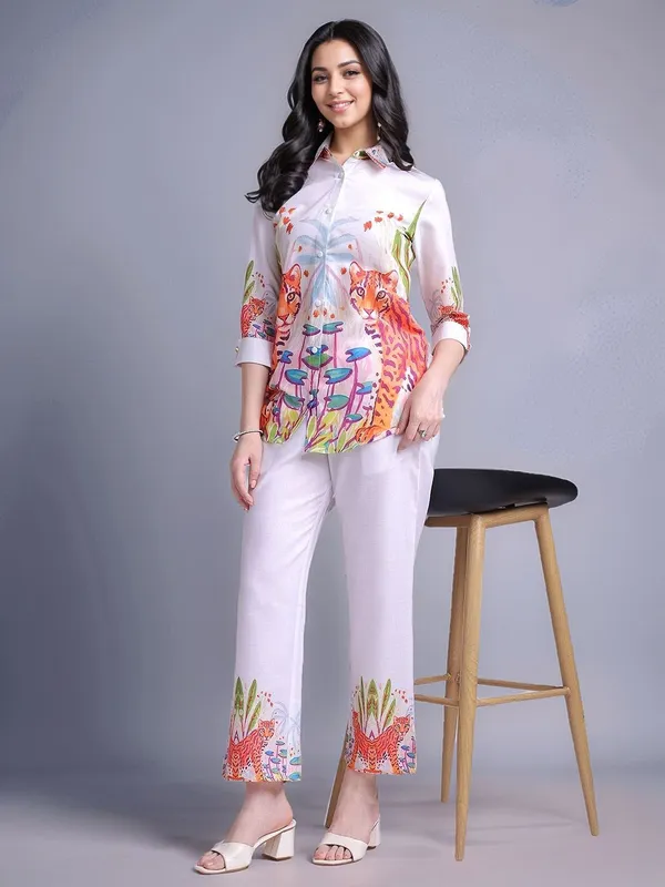 White_Animal_Printed_Cotton_Blend_Shirt_With_Printed_Cotton_Blend_Trouser_For_Women