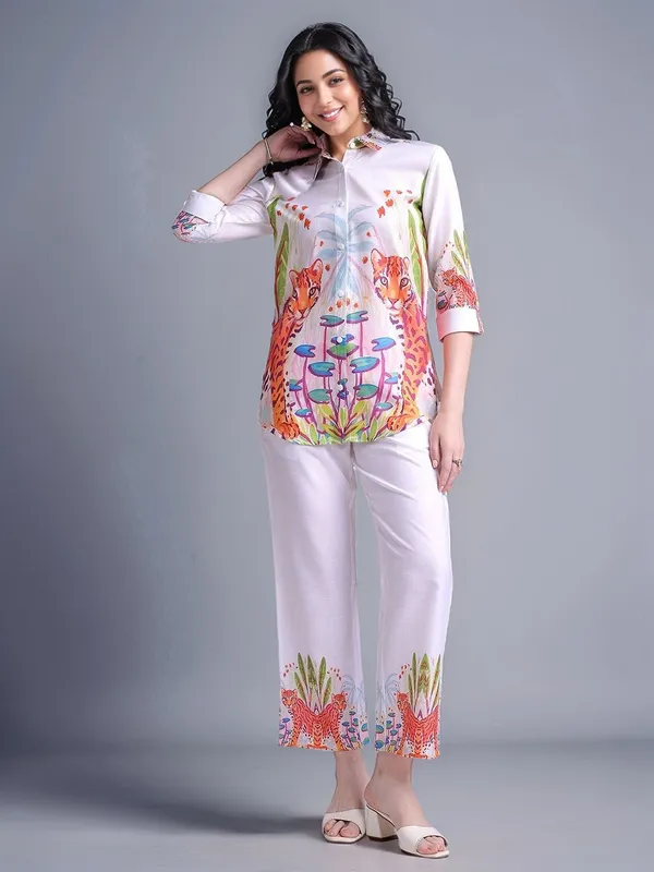 White_Animal_Printed_Cotton_Blend_Shirt_With_Printed_Cotton_Blend_Trouser_For_Women