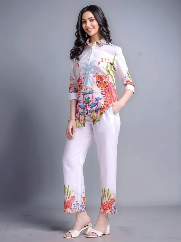 White_Animal_Printed_Cotton_Blend_Shirt_With_Printed_Cotton_Blend_Trouser_For_Women