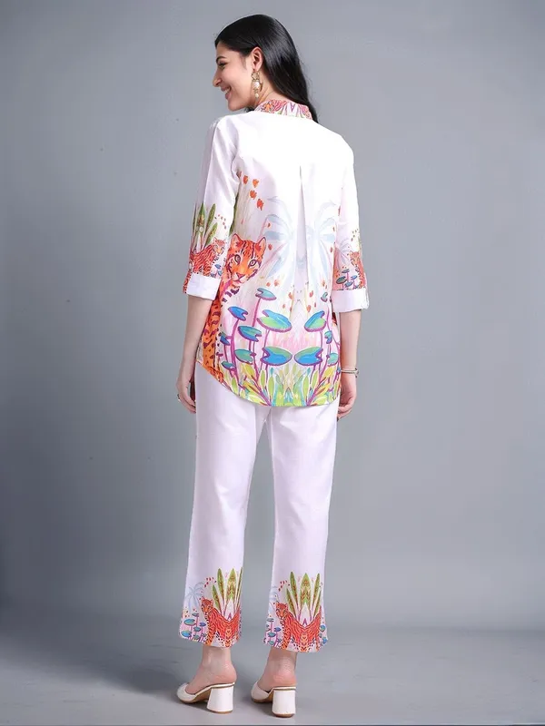 White_Animal_Printed_Cotton_Blend_Shirt_With_Printed_Cotton_Blend_Trouser_For_Women