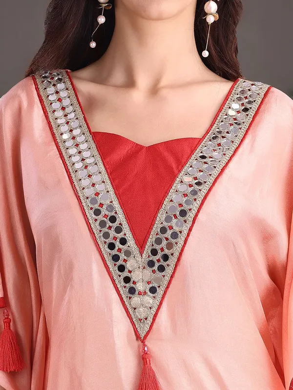 Peach_Solid_Poly_Silk_Mirror_Work_Kaftan_Kurta_With_Solid_Trouser_For_Women