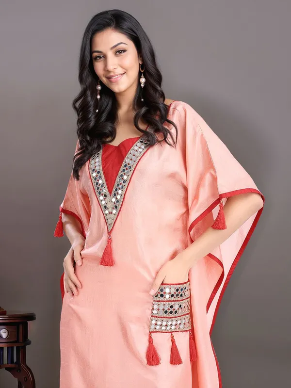 Peach_Solid_Poly_Silk_Mirror_Work_Kaftan_Kurta_With_Solid_Trouser_For_Women