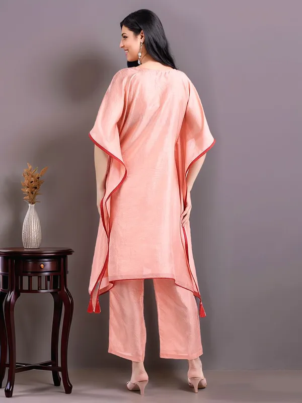 Peach_Solid_Poly_Silk_Mirror_Work_Kaftan_Kurta_With_Solid_Trouser_For_Women