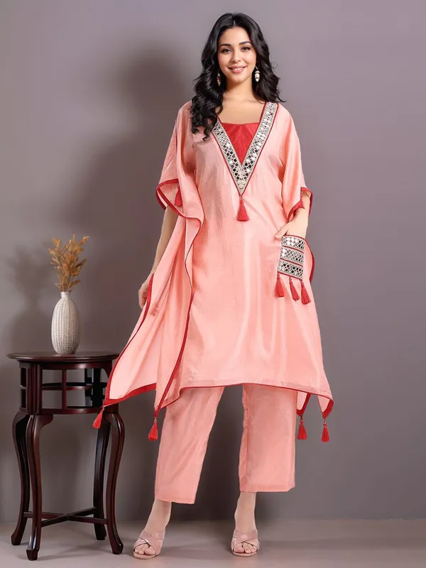 Peach_Solid_Poly_Silk_Mirror_Work_Kaftan_Kurta_With_Solid_Trouser_For_Women