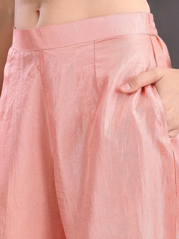 Peach_Solid_Poly_Silk_Mirror_Work_Kaftan_Kurta_With_Solid_Trouser_For_Women