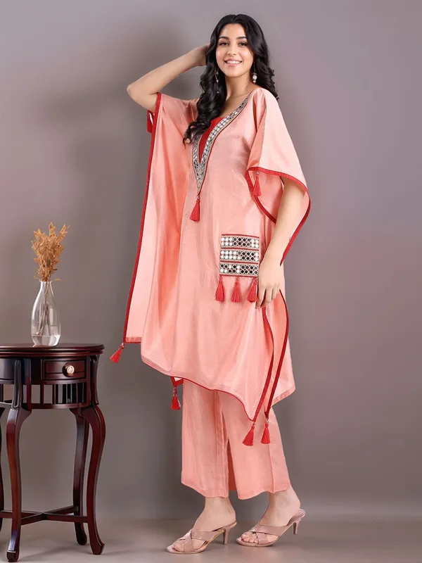 Peach_Solid_Poly_Silk_Mirror_Work_Kaftan_Kurta_With_Solid_Trouser_For_Women