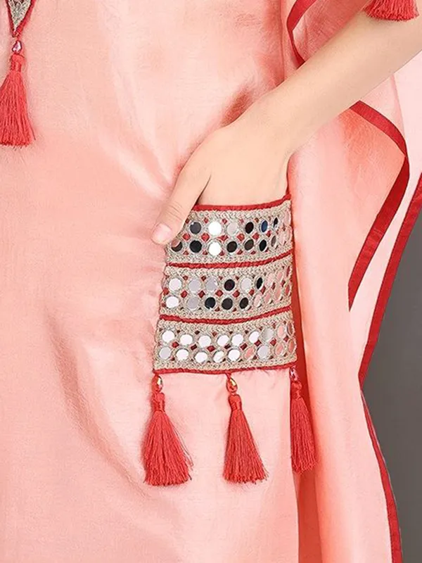 Peach_Solid_Poly_Silk_Mirror_Work_Kaftan_Kurta_With_Solid_Trouser_For_Women