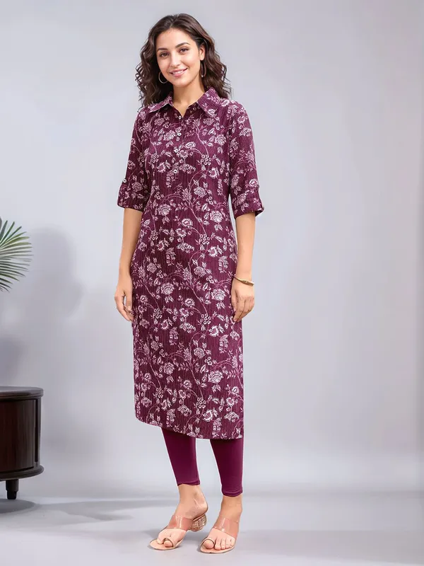 Women_Purple_Pure_Cotton_Woven_Kantha_work_Floral_Printed_Shirt_Collar_straight_kurta