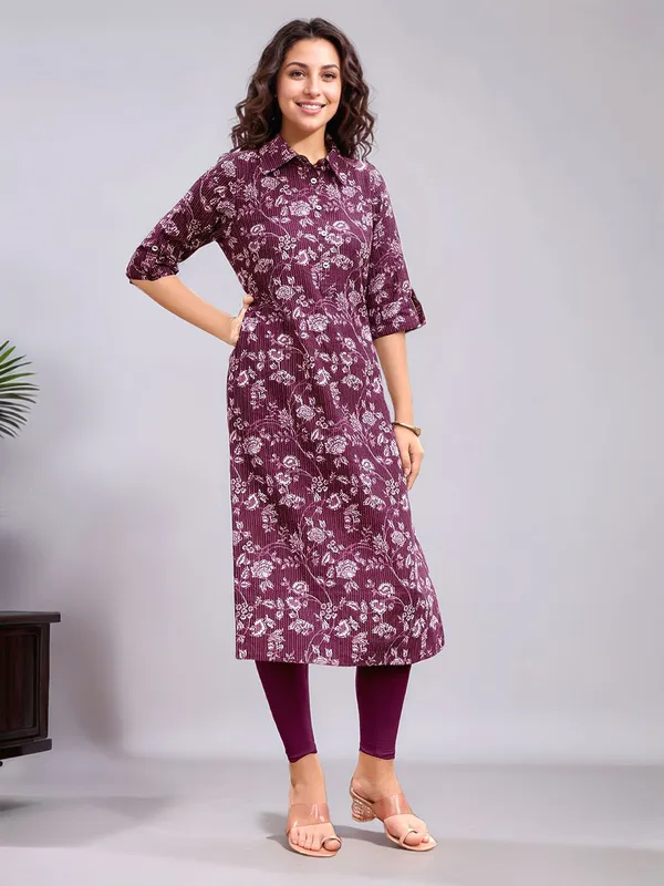 Women_Purple_Pure_Cotton_Woven_Kantha_work_Floral_Printed_Shirt_Collar_straight_kurta