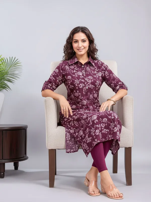 Women_Purple_Pure_Cotton_Woven_Kantha_work_Floral_Printed_Shirt_Collar_straight_kurta