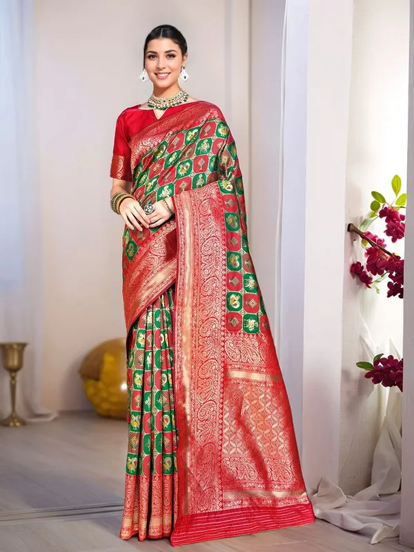 Green_&_Red_Woven_Patola_Art_Silk_Saree_For_Women