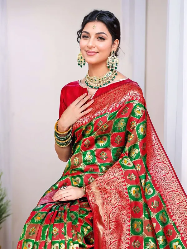 Green_&_Red_Woven_Patola_Art_Silk_Saree_For_Women
