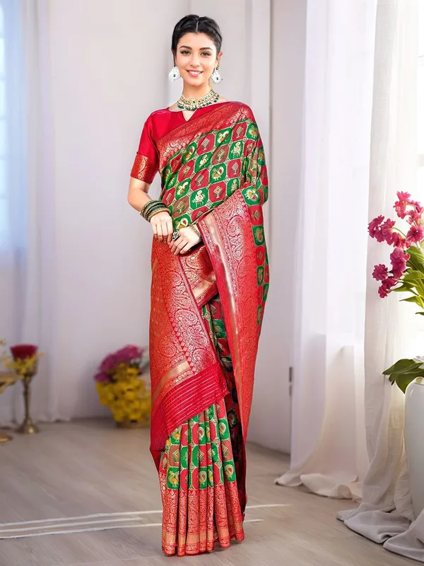 Green_&_Red_Woven_Patola_Art_Silk_Saree_For_Women