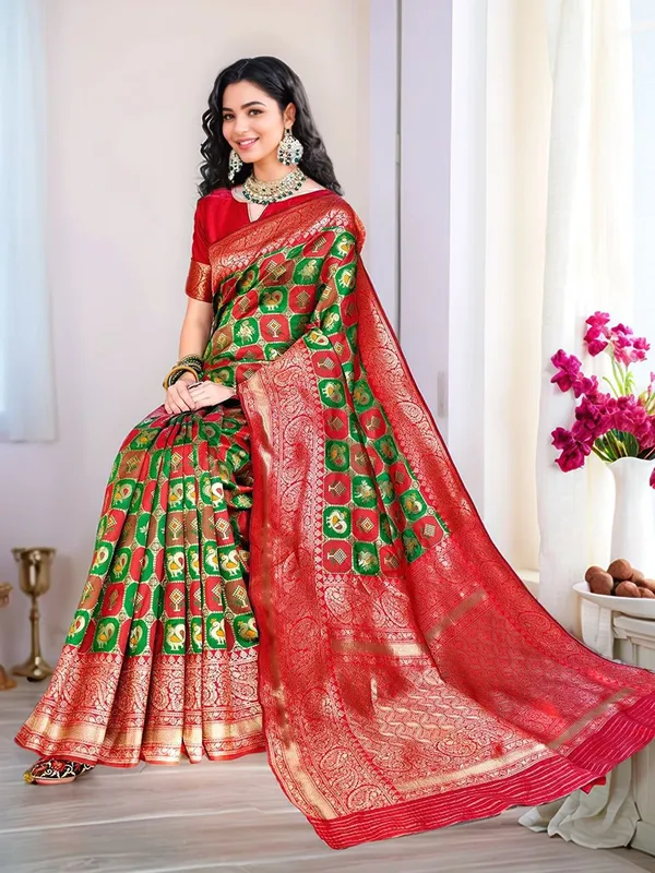 Green_&_Red_Woven_Patola_Art_Silk_Saree_For_Women