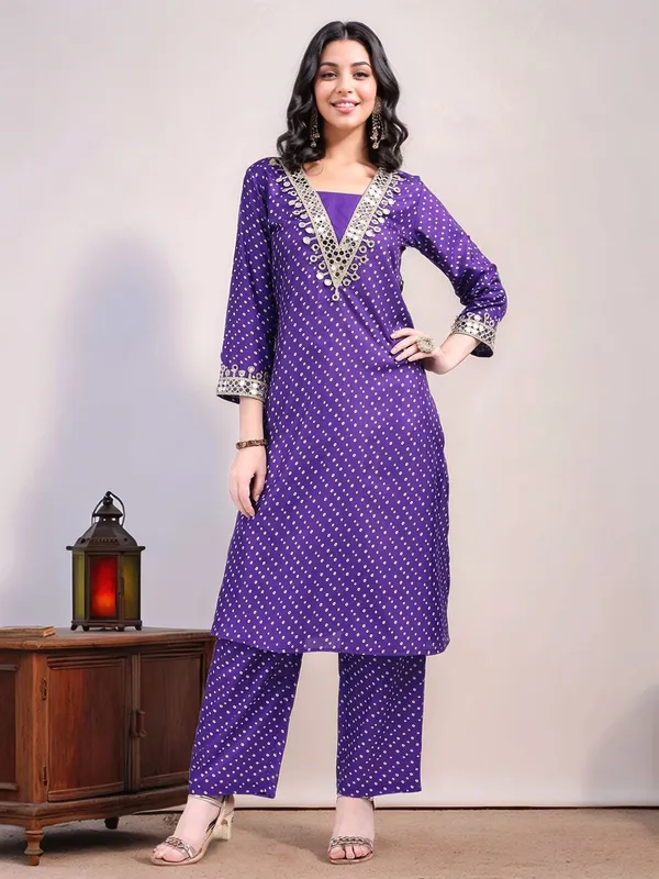 Purple_Bandhani_Printed_Dola_Silk_Mirror_Work_A-Line_Kurta_With_Printed_Dola_Silk_Trouser_For_Women