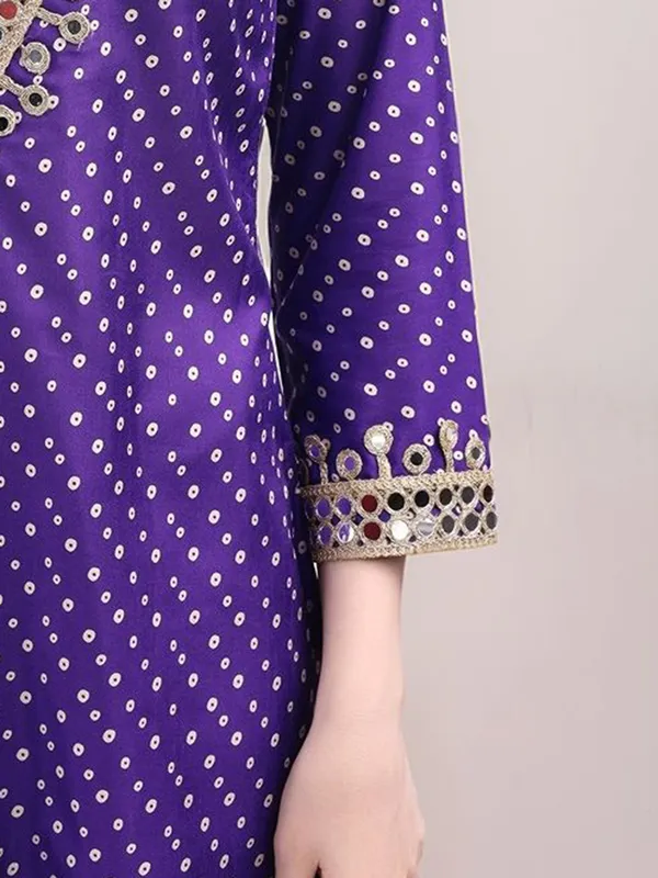 Purple_Bandhani_Printed_Dola_Silk_Mirror_Work_A-Line_Kurta_With_Printed_Dola_Silk_Trouser_For_Women