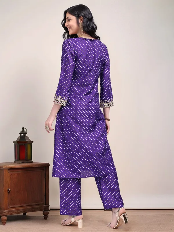 Purple_Bandhani_Printed_Dola_Silk_Mirror_Work_A-Line_Kurta_With_Printed_Dola_Silk_Trouser_For_Women