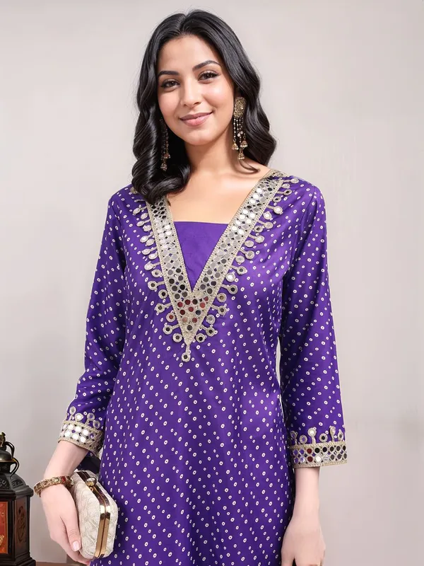 Purple_Bandhani_Printed_Dola_Silk_Mirror_Work_A-Line_Kurta_With_Printed_Dola_Silk_Trouser_For_Women